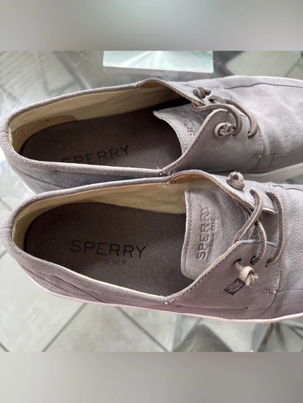 Sperry Men's Light Gray Suede Boat Shoes with White Sole